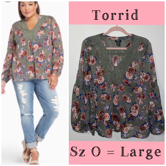 torrid Tops - Torrid Olive Green Sheer Floral & Lace Top EUC